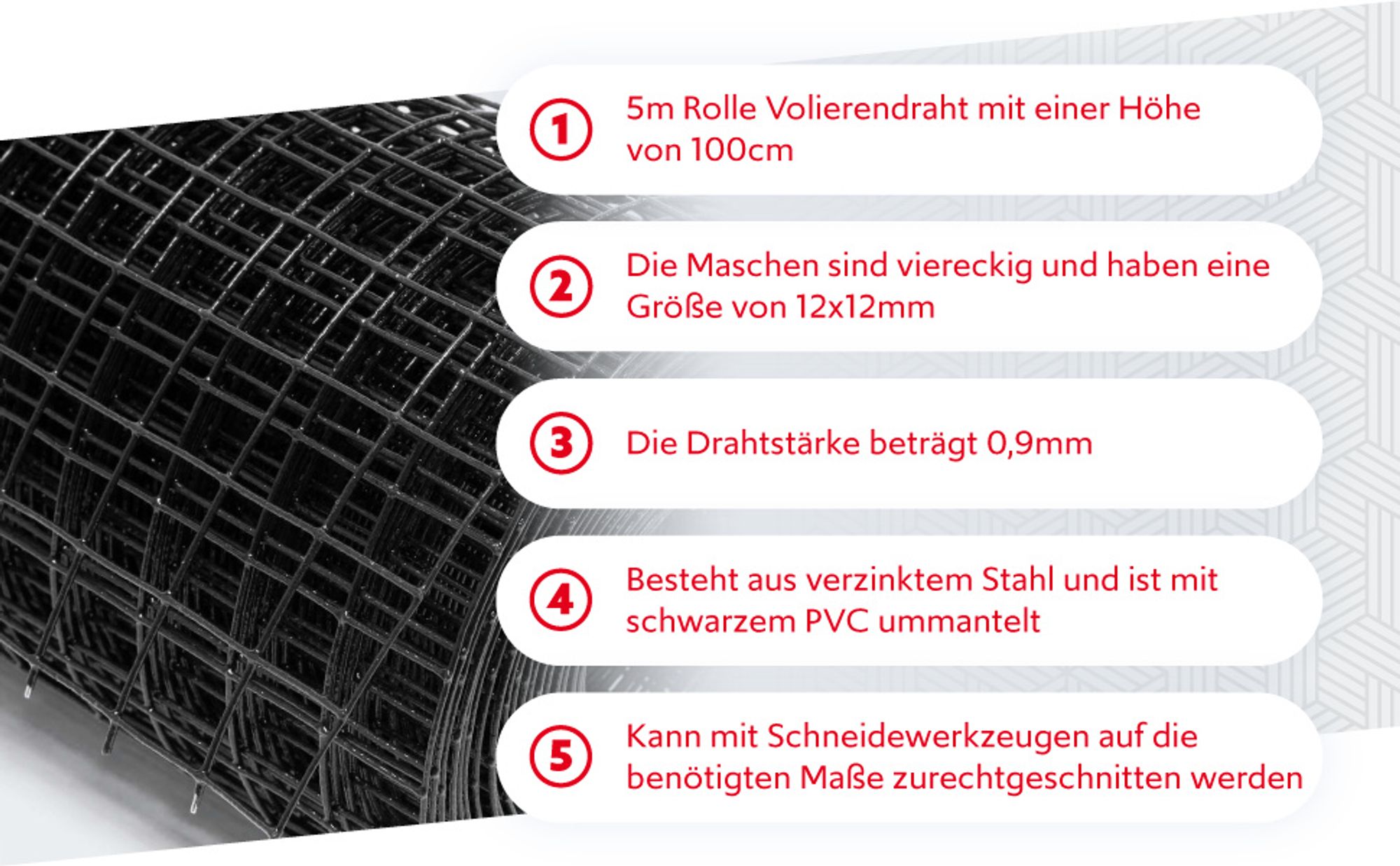 Wiltec Maschendrahtzaun Schwarz 100 cm x 5 m, 0,9 mm Stärke 12x12 mm Maschengröße, Volierendraht 4-Eck aus Stahl verzinkt, Drahtgitter, Vogeldraht