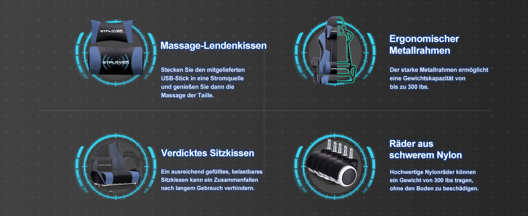 GTPLAYER Bürostuhl Gaming Stuhl Stoff Gaming Sessel Ergonomischer Gamer Stuhl mit Fußstütze, Kopfstütze Lendenkissen, Gepolstert Gaming Chair, BLAU