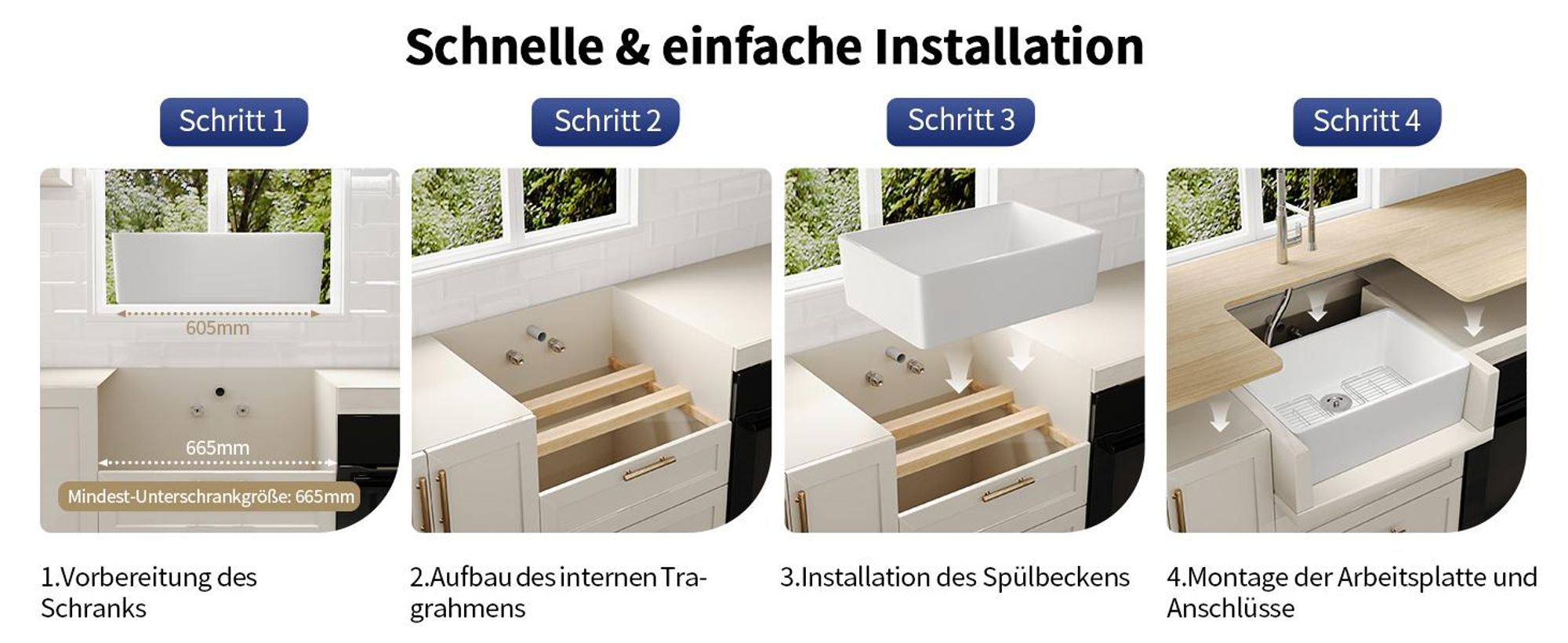 DeerValley Küchenspüle Keramik(60,5x40,8x20cm) – Farmhouse Küchenspüle Weiß, Einzelbecken Einbauspüle, Landhaus Spüle mit Edelstahl Gitter & Korbsieb