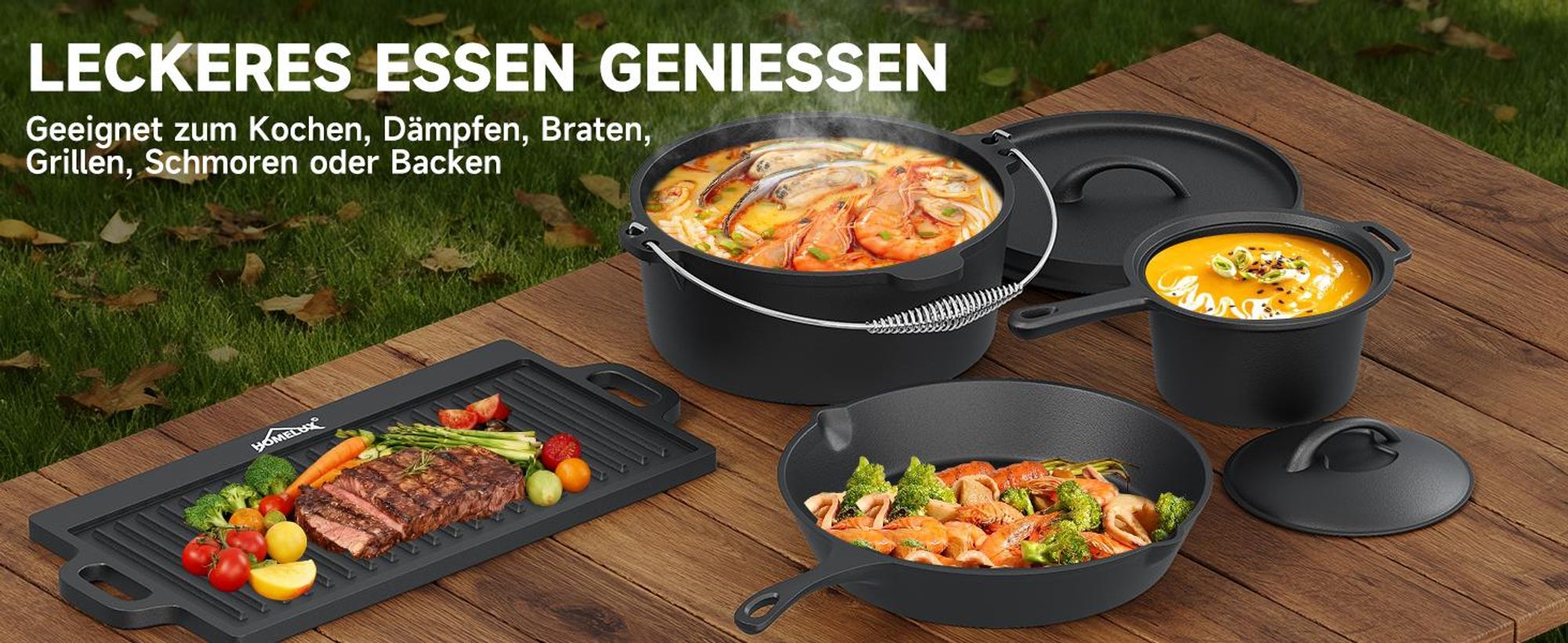 HOMELUX 10-teiliges Dutch Oven Set in Holzkiste, Kochtopf, Pfanne, Saucentopf, Wende-Grillplatte, Handschuhe, Stapelrost, Ringreiniger, Deckelheber