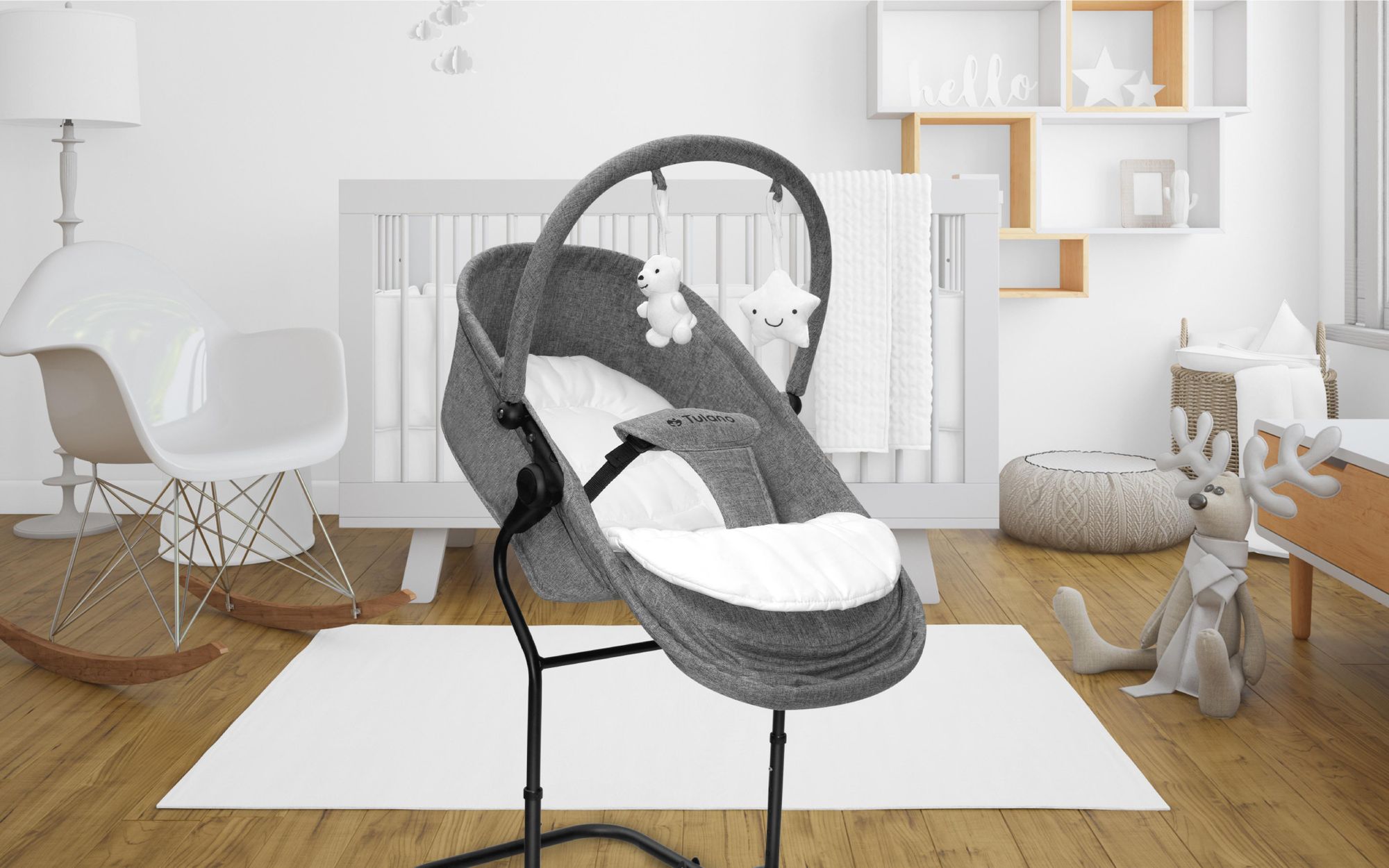 TULANO Moon 35 | Multifunktionale Kinderwippe Babywippe Babyzubehör 4in1 | 4 Verwendungsmöglichkeiten: Füttern, Sitzen, Schaukeln, Schlafen | Grau