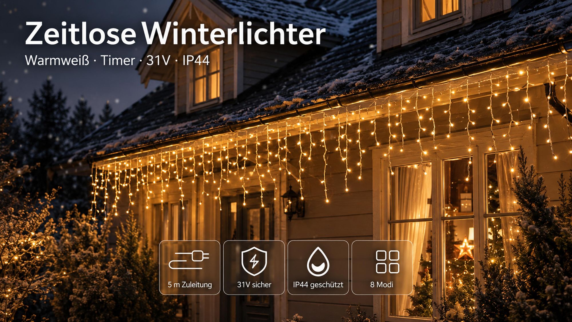 Eisregen Lichterkette Warmweiß 15M Eiszapfen Led Lichterketten 8 Modi Timer und Speicherfunktionen Fenster Dachrinne Balkon Garten Weihnachten Deko