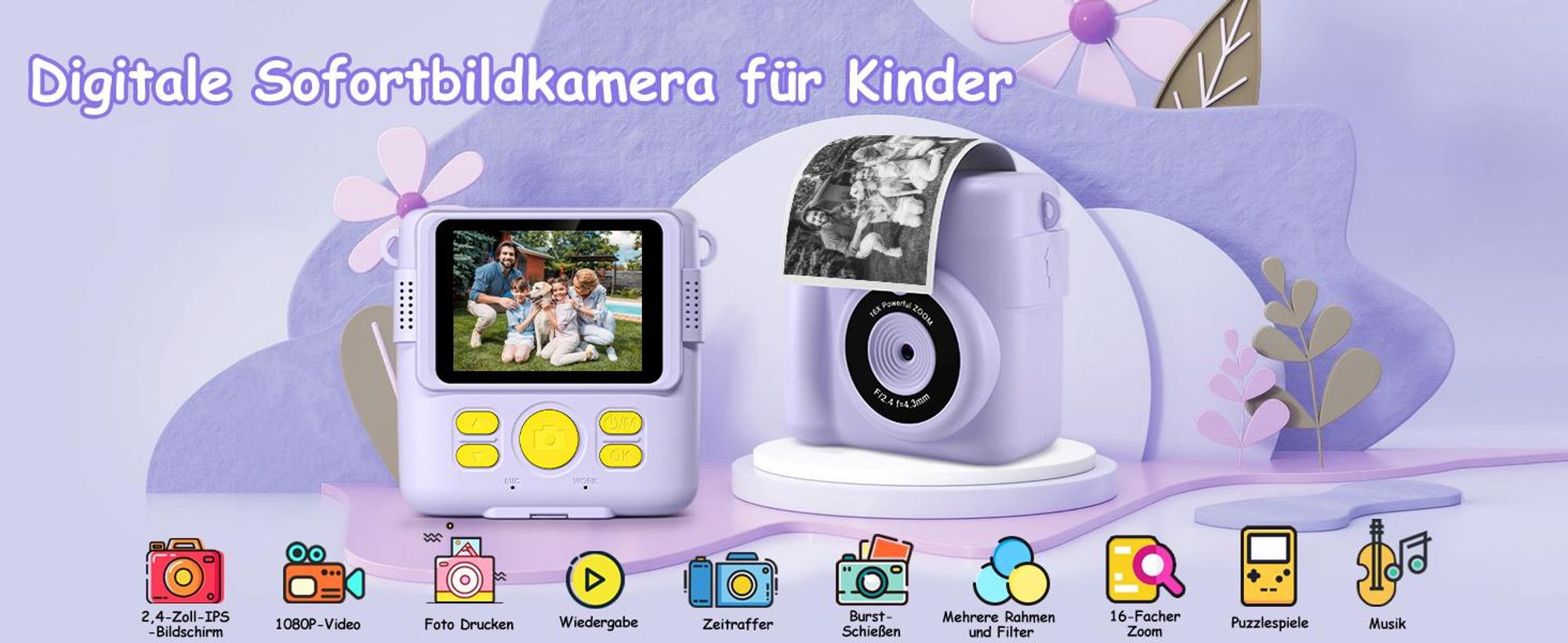 Kinderkamera, Sofortbildkameras, Sofortbildkamera, 1080P HD Sofortdruck von Fotos, 2.4 Zoll Bildschirm Digitalkamera mit 16x Digitalzoom, 32GB Karte