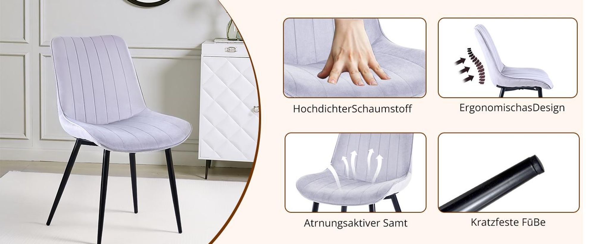 HOMAVO Esszimmerstuhl – Bequemer Samt- oder Kunstlederstuhl, ergonomisch, Metallgestell, breite Sitzfläche 53×43 cm, einfach montierbar, 2er Set