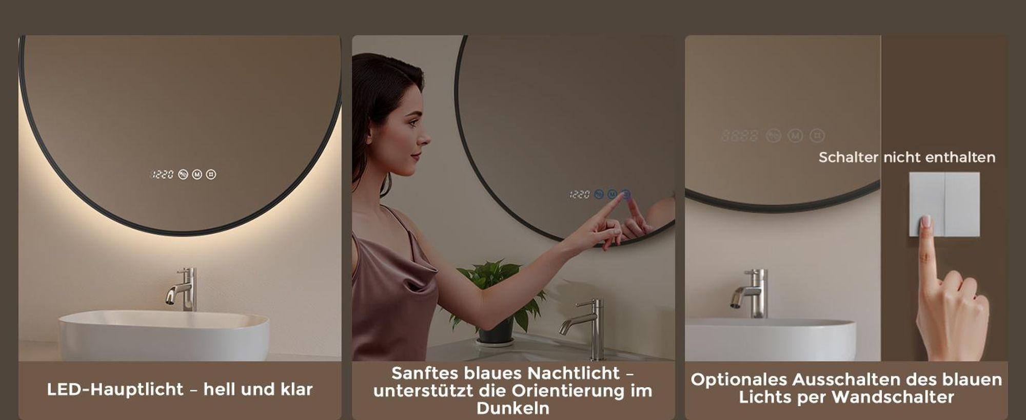 S'AFIELINA Badspiegel mit Beleuchtung Rund 70 cm Diameter,LED Badspiegel mit Touch, Beschlagfrei, Dimmbar, 3 Lichtfarben, Uhr, Temperatur,Schwarzer