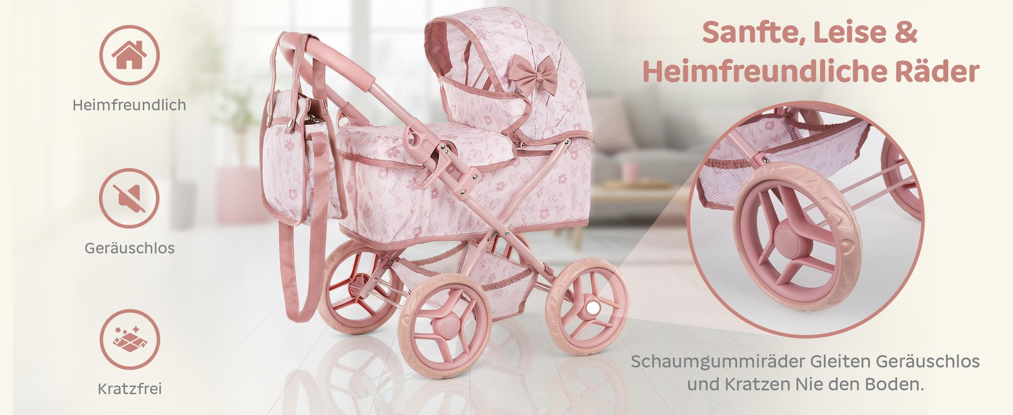 Puppenwagen mit Tasche und Klappdach – Kinderwagen für Puppen – rosa, höhenverstellbare Griffhöhe ca. 54 cm