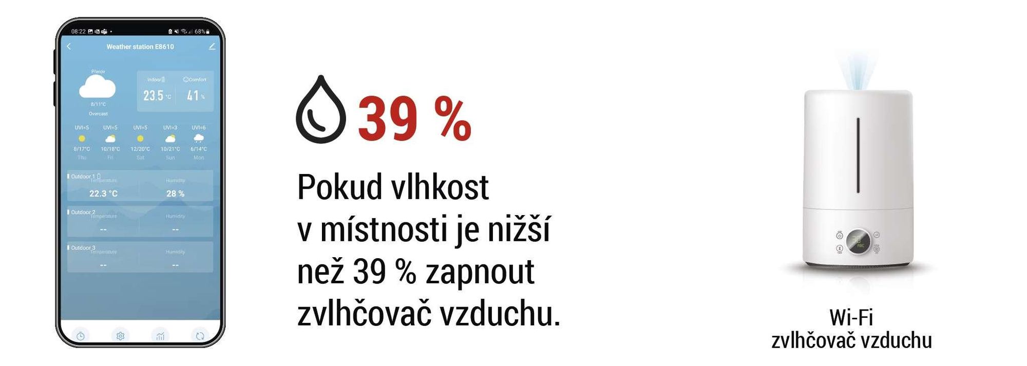 EMOS GoSmart Meteostanice WiFi s bezdrátovým venkovním čidlem a aplikací, barevný displej, předpověď na 5 dní; na bázi Tuya, Smartlife, adaptér