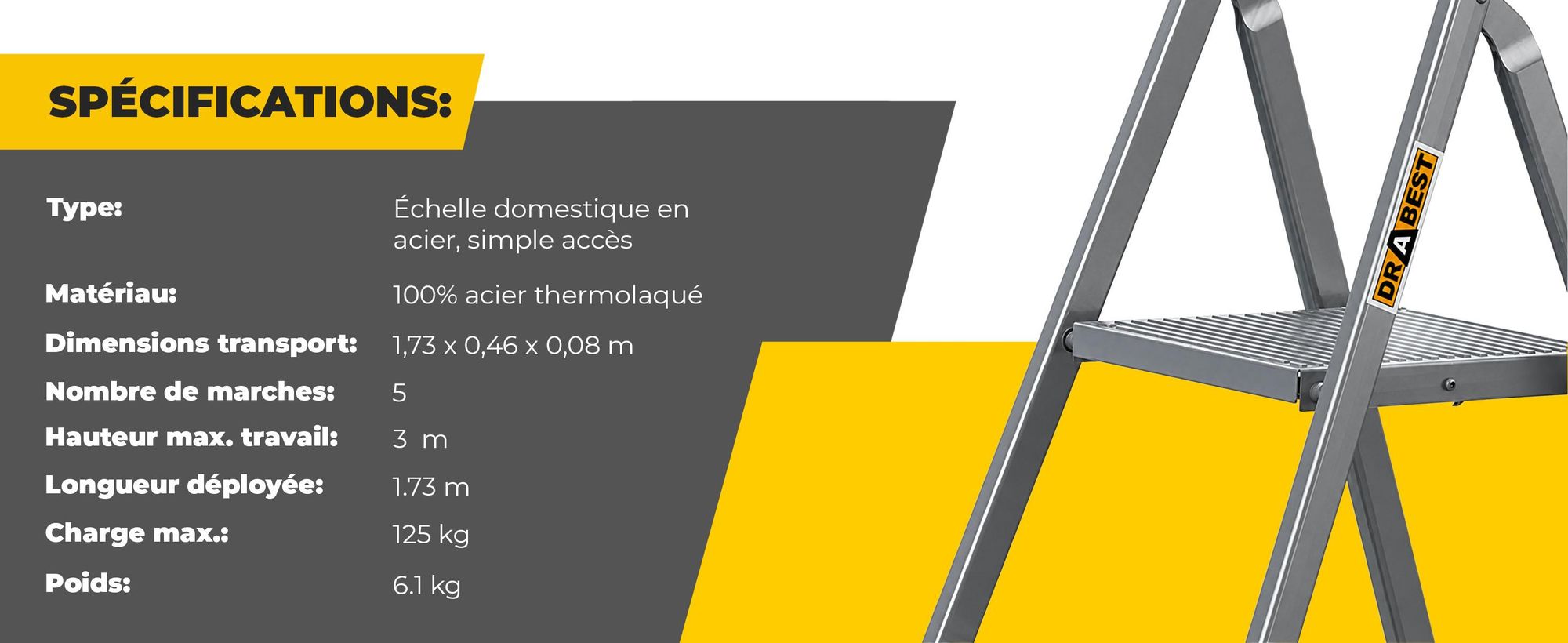 DRABEST | conducteur en acier, échelle, échelle ménagère, échelle 5 marches, marchepied pliante, acier, universel, jusqu'à 125 kg.  Et en italien :
