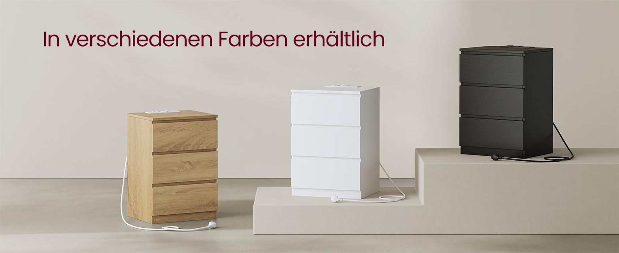 VASAGLE Nachttisch, Beistelltisch, 3 Schubladen, abgeschrägte Kante, 2 AC-Steckdosen, 2 USB-Anschlüsse