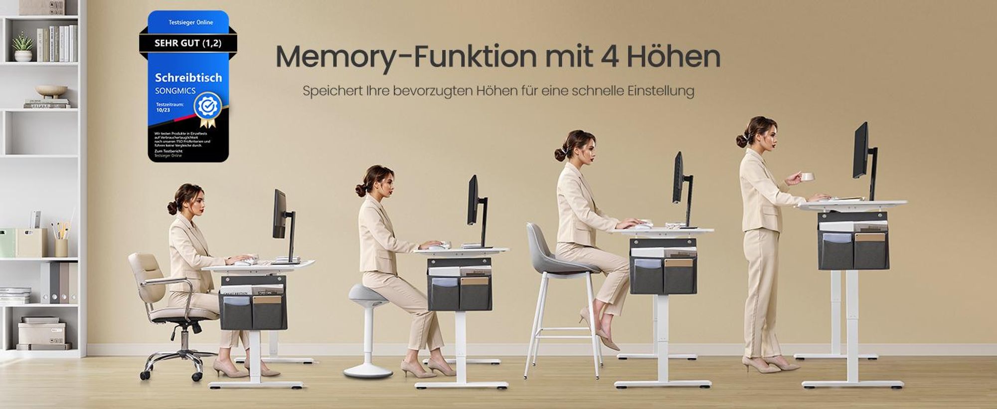 SONGMICS Höhenverstellbarer Schreibtisch elektrisch 140cm 4 Höhen weiß