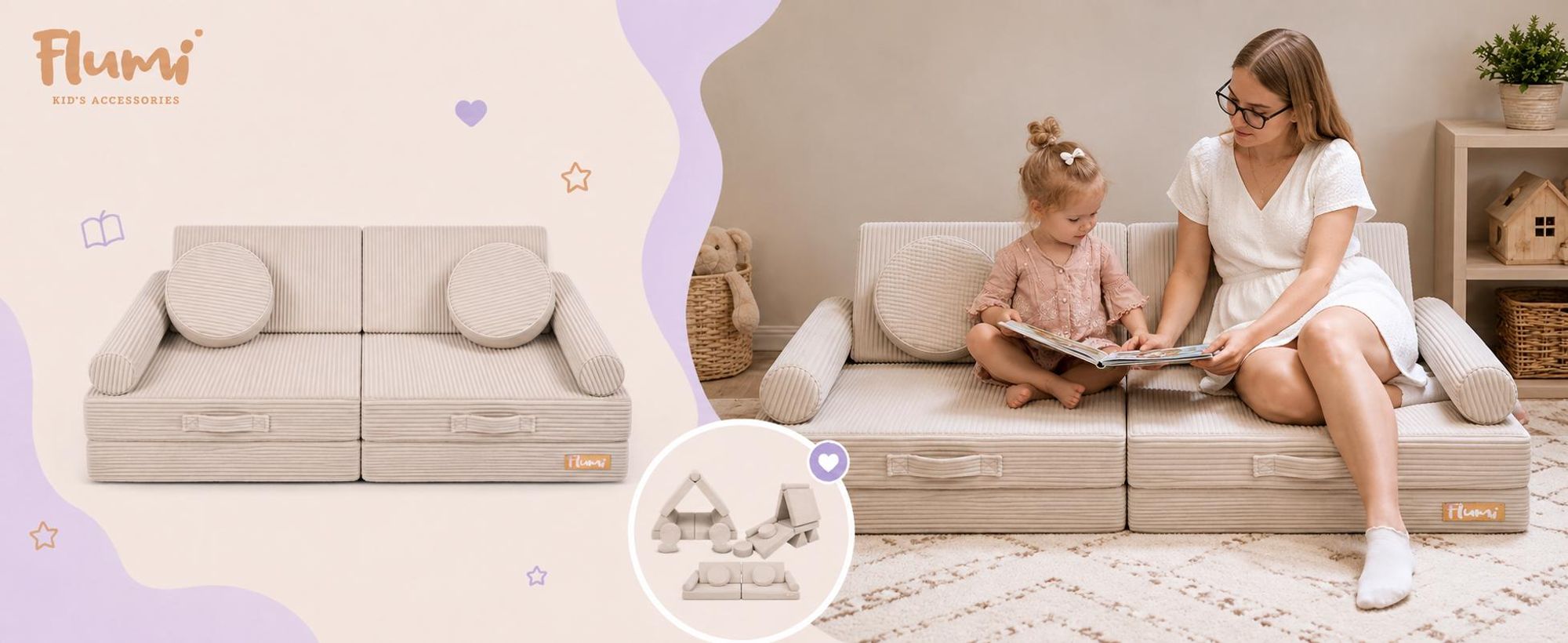 Flumi detská modulárna pohovka z peny 10 dielov – detské hracie sofa, Montessori hrací nábytok do detskej izby s prateľným poťahom
