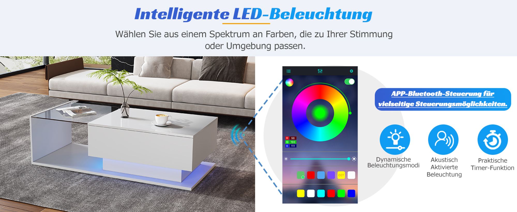 MODFU Couchtisch Wohnzimmertisch mit LED-Hochglanz für Wohnzimmer,Schlafzimmer,Sofatisch Beistelltisch Rechteckiger mit Glasplatte und Schubladen,Weiß