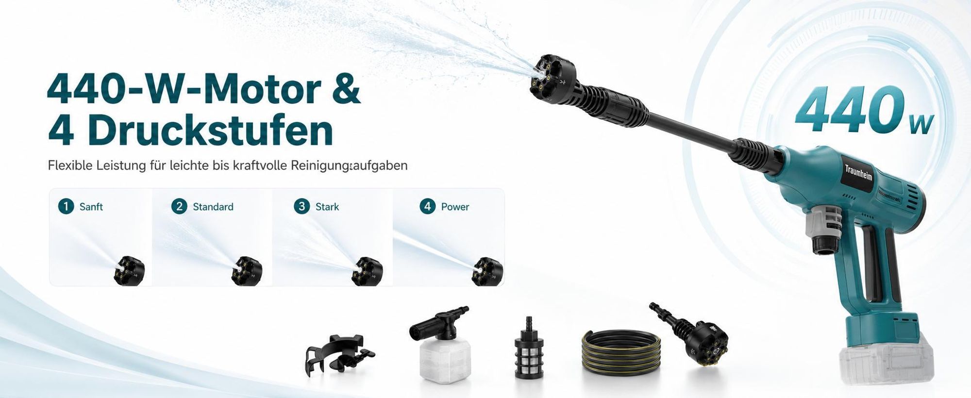 440W Kabelloser Hochdruckreiniger mit Teleskopstange & 6-in-1-Düse für Auto, Garten, Terrasse (Akkus nicht im Lieferumfang)