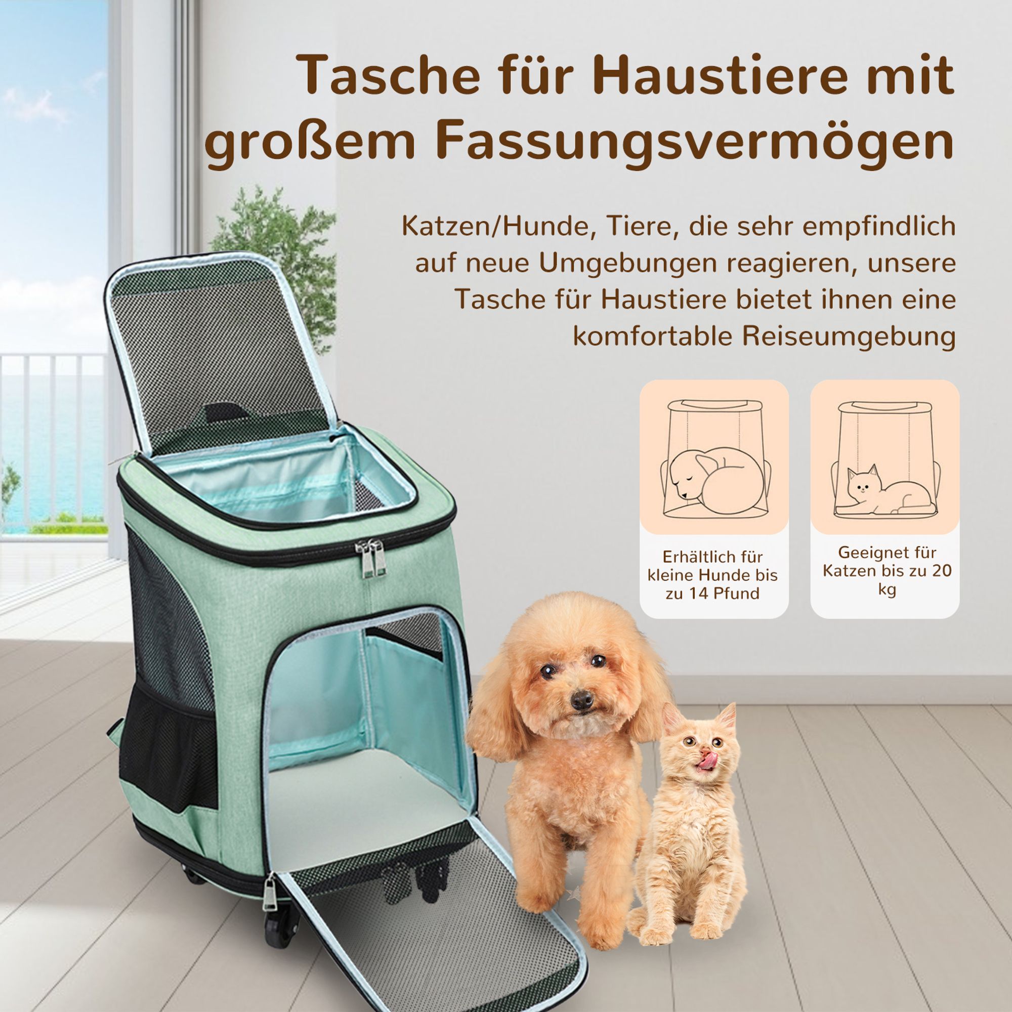TWSOUL Tiertransportbox 3-in-1-Trolley für Haustiere,Rucksack-Trolleytasche bis 10 kg, Design mit großer Kapazität, Stoßdämpfende Rolle,Grün