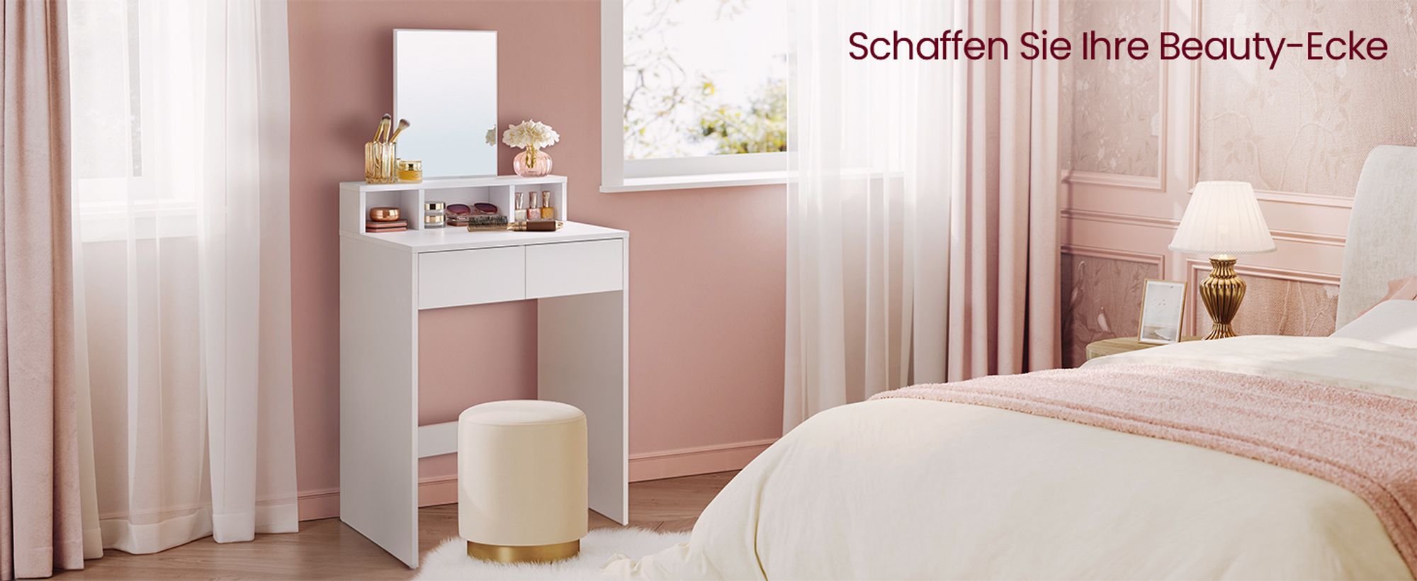 VASAGLE Schminktisch mit Spiegel 2 Schubladen 3 offenen Fächern weiß Modern