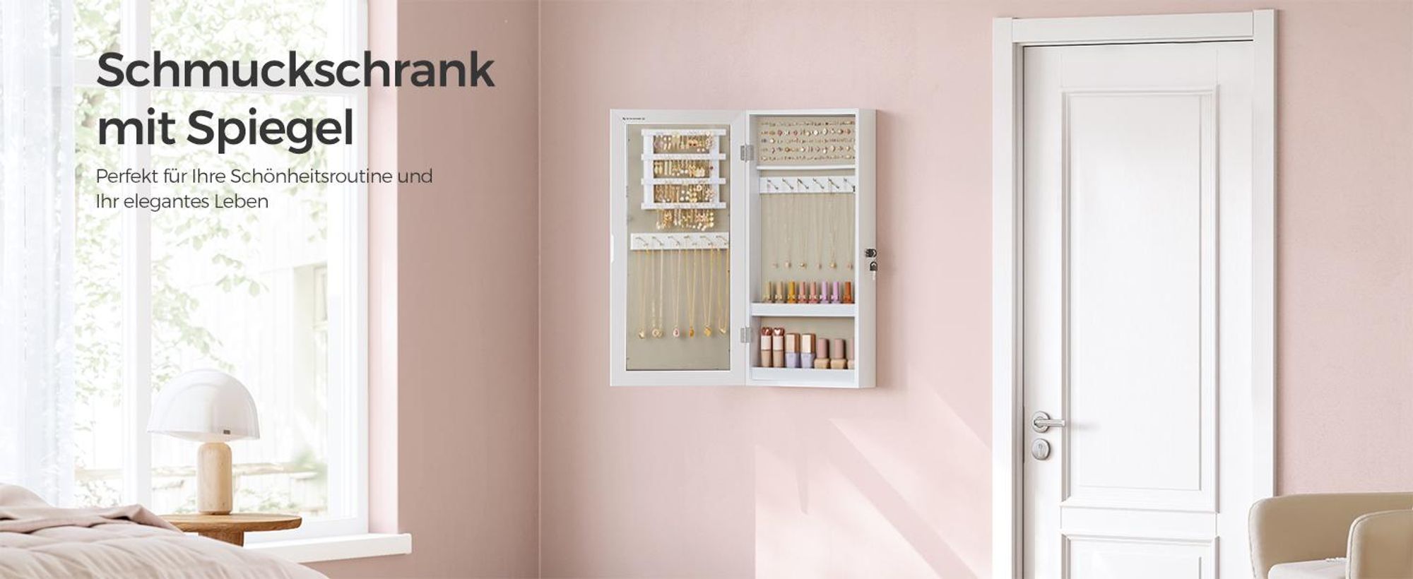 SONGMICS Schmuckschrank Spiegelschrank abschließbarer Wandschrank, weiß