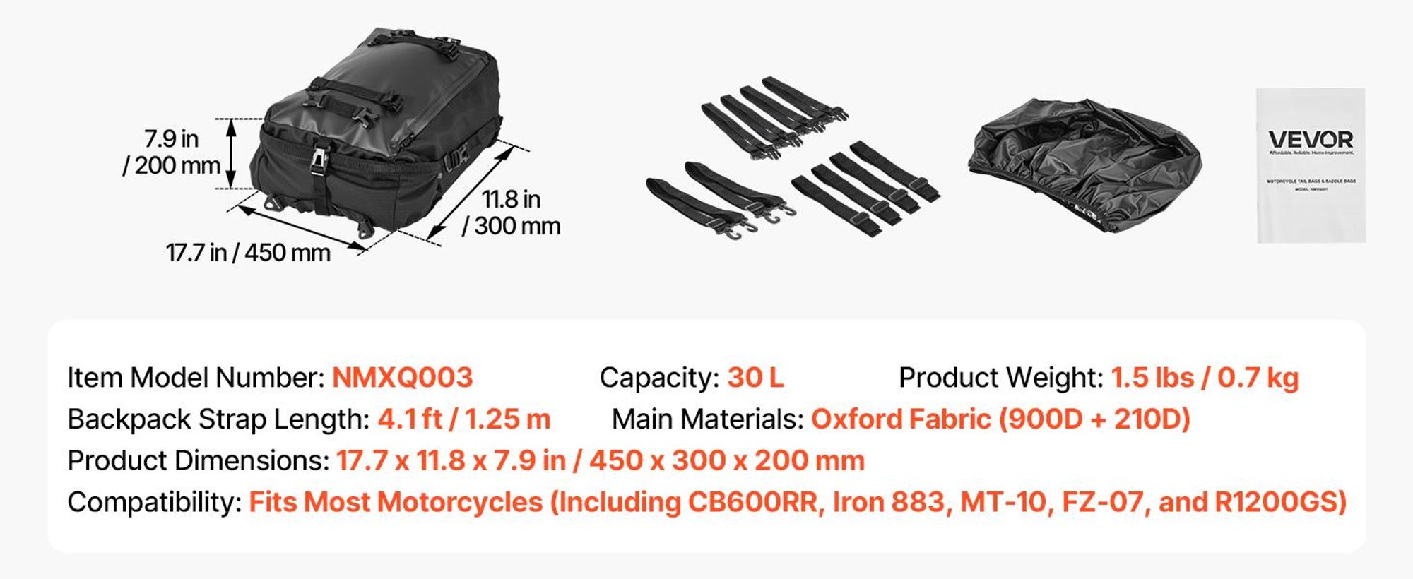 VEVOR Motorradhecktasche Rücksitztasche (30 L) mit wasserfester Regenabdeckung,