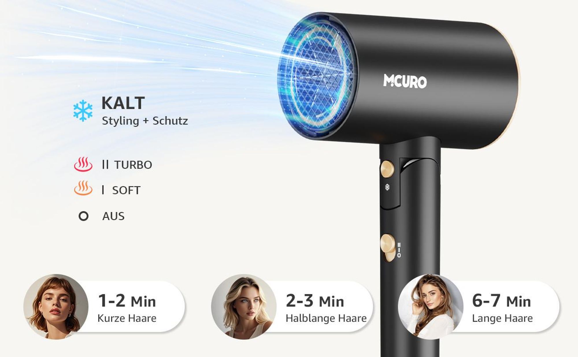 MCURO Haartrockner Ionen 2100W, Profi Föhn mit Heiß-/Kaltlufttaste, 2 Heizstufen & 3 Geschwindigkeiten, Faltbarer Reisehaartrockner, Schnelltrocknend, Schwarz