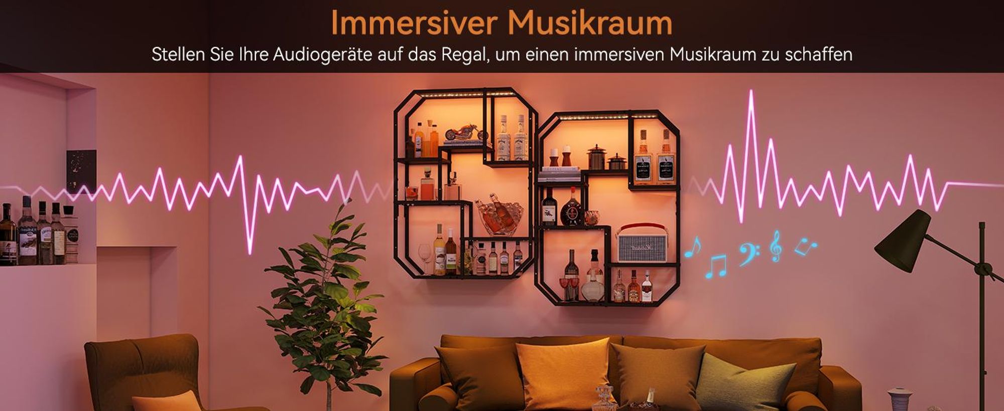 Puluomis LED Wandregal mit Musik-Modus 85x63cm, Beleuchtetes Regal mit 7 Farben 58 Modi, Wand- oder Bodenmontage mit Anti-Kipp, Für Wohnzimmer Bar