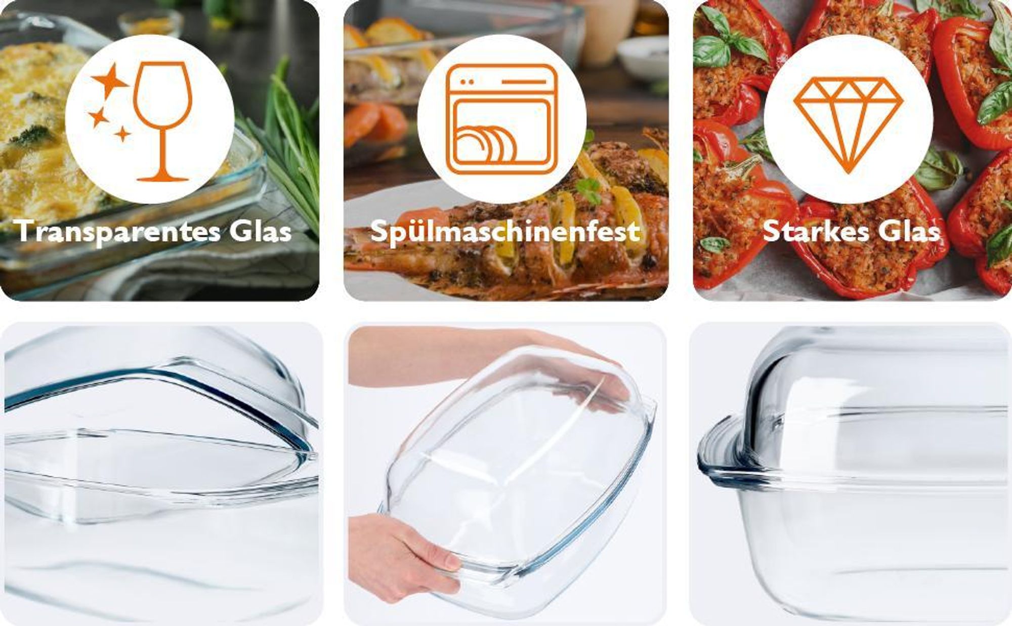 KADAX Auflaufform aus hitzebeständigem Glas "Backe", Glasbräter mit Deckel, transparent, rechteckig, 7L