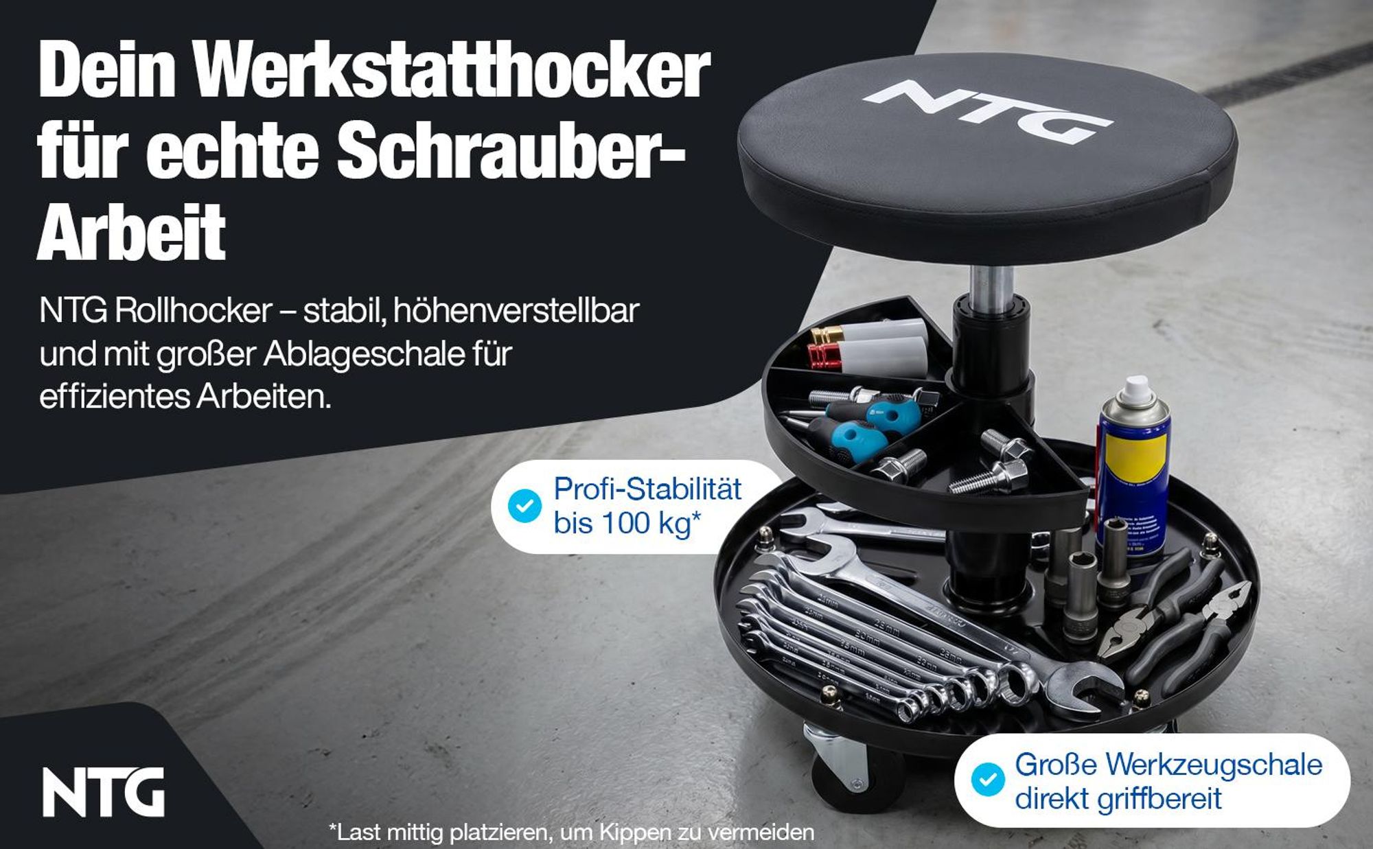 NTG Rollhocker Höhenverstellbar bis 55 cm – Werkstatthocker bis 100 kg mit 5 Rollen & Ablageschale – Drehhocker Werkstatt