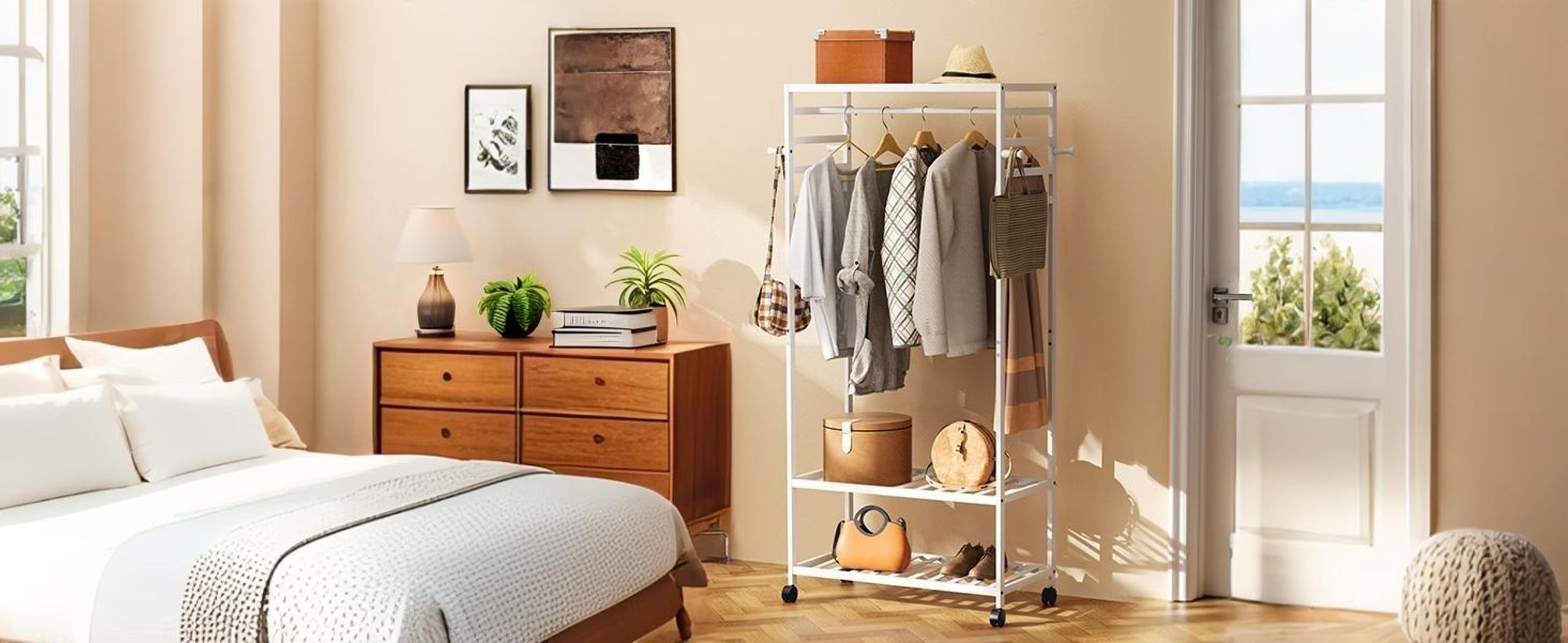 WISFOR Rollgarderobe Kleiderständer Holz mit Kleiderstange und Ablagen, Garderobenständer Rollbar Garderobe Ständer mit Haken und Schuhregal