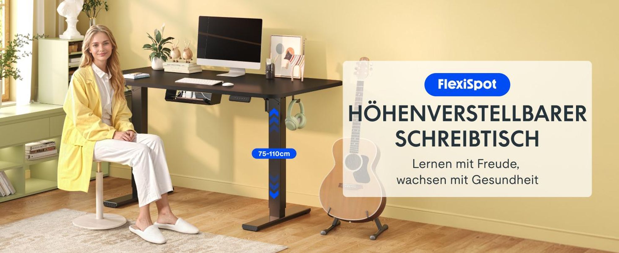 FLEXISPOT QE1 Höhenverstellbarer Schreibtisch 120x60cm EINTEILIGE TISCHPLATTE, 4 Memory-Funktion, Antikollisionsschutz, Haken&Kabelmanagement(Schwarz)
