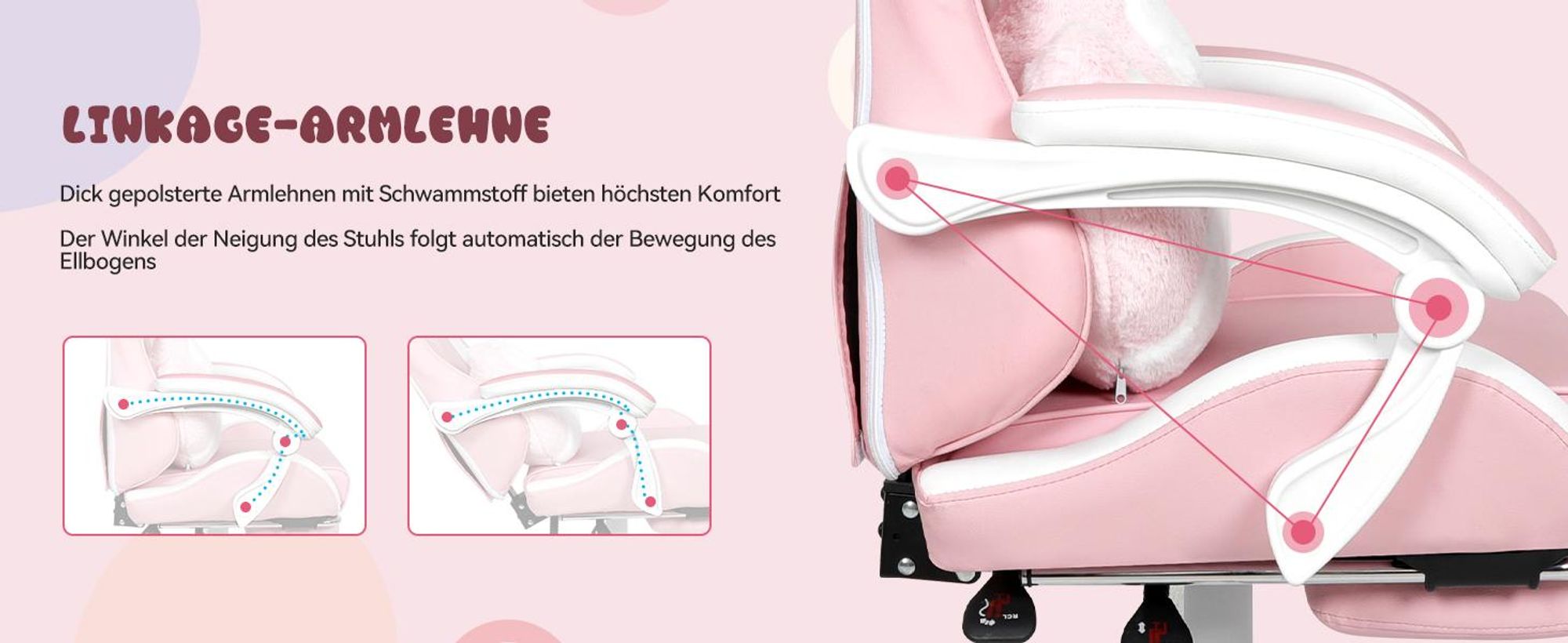 Puluomis Gaming Stuhl mit Fußstütze, Bürostuhl Chefsessel Schreibtischstuhl Racing Stuhl ergonomisch drehbar höhenverstellbar Katze Weiß Pink