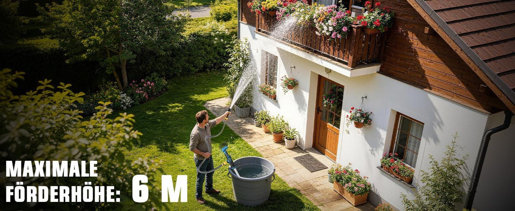 Kabellose Wasserpumpe mit Gartensprühdüse 3/4" Anschluss Filter Tragbare Pumpe Gartenpumpe 3000L/h Fördermenge, 6M Förderhöhe, Kompatibel Makita Akku