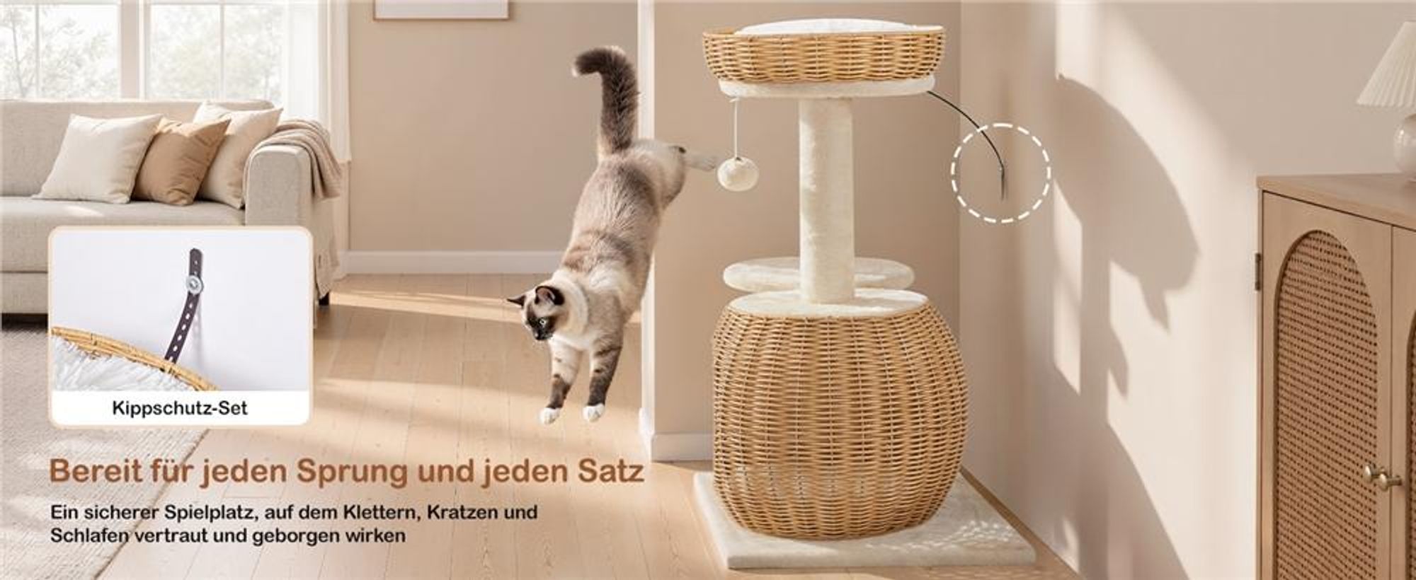 Yaheetech Kratzbaum aus PE-Rattan, 72 cm, mit Katzenhöhle & Liegeplatz, abnehmbare Plüschmatte, Rattan-Optik, für kleine & mittelgroße Katzen, Beige