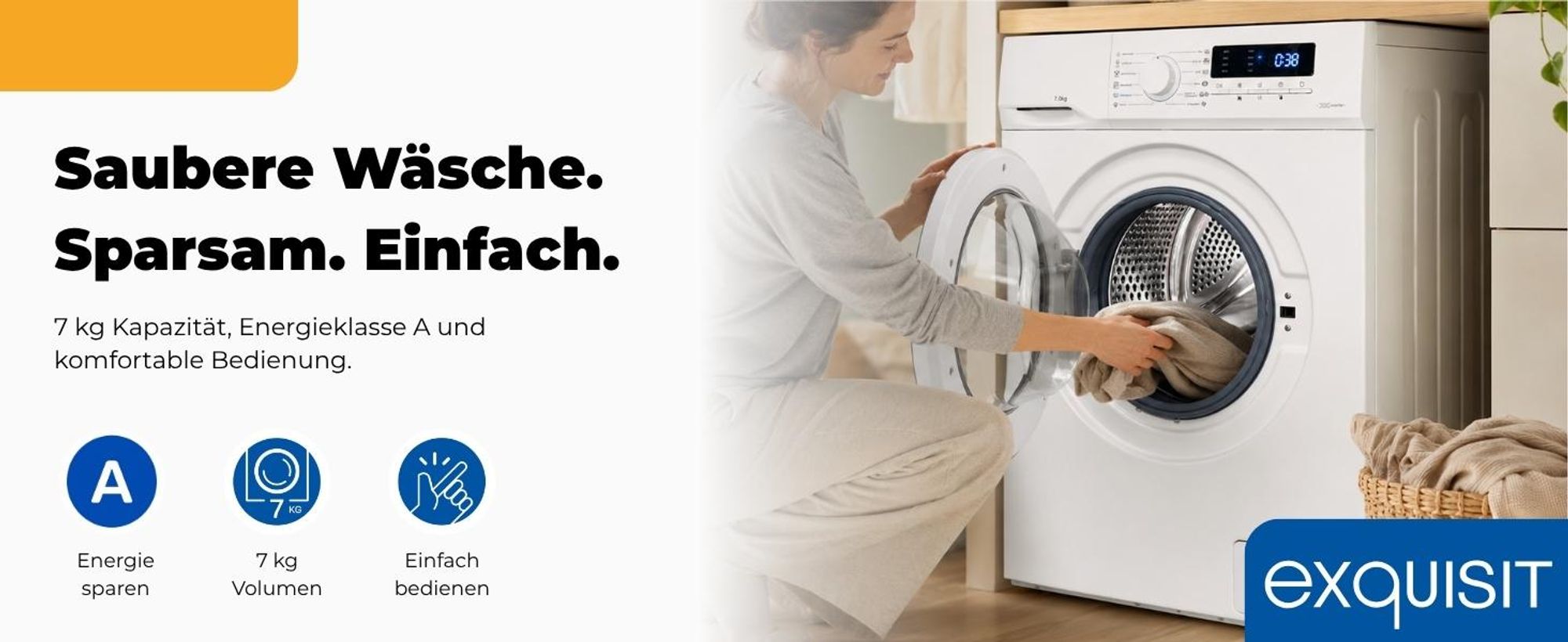 Exquisit Waschmaschine 7kg, Energieeffizienzklasse A, max. 1400 U/Min, Kurz -Mixprogramm, Startzeitvorwahl, 12 Waschprogramme, WA57014-020A weiss