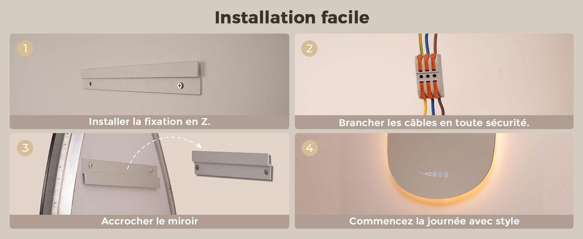S'AFIELINA Miroir de salle de bain avec éclairage Asymétrique 60 x 45 cm avec 3 couleurs de lumière réglable, antibuée, Bluetooth, horloge, température, fonction mémoire