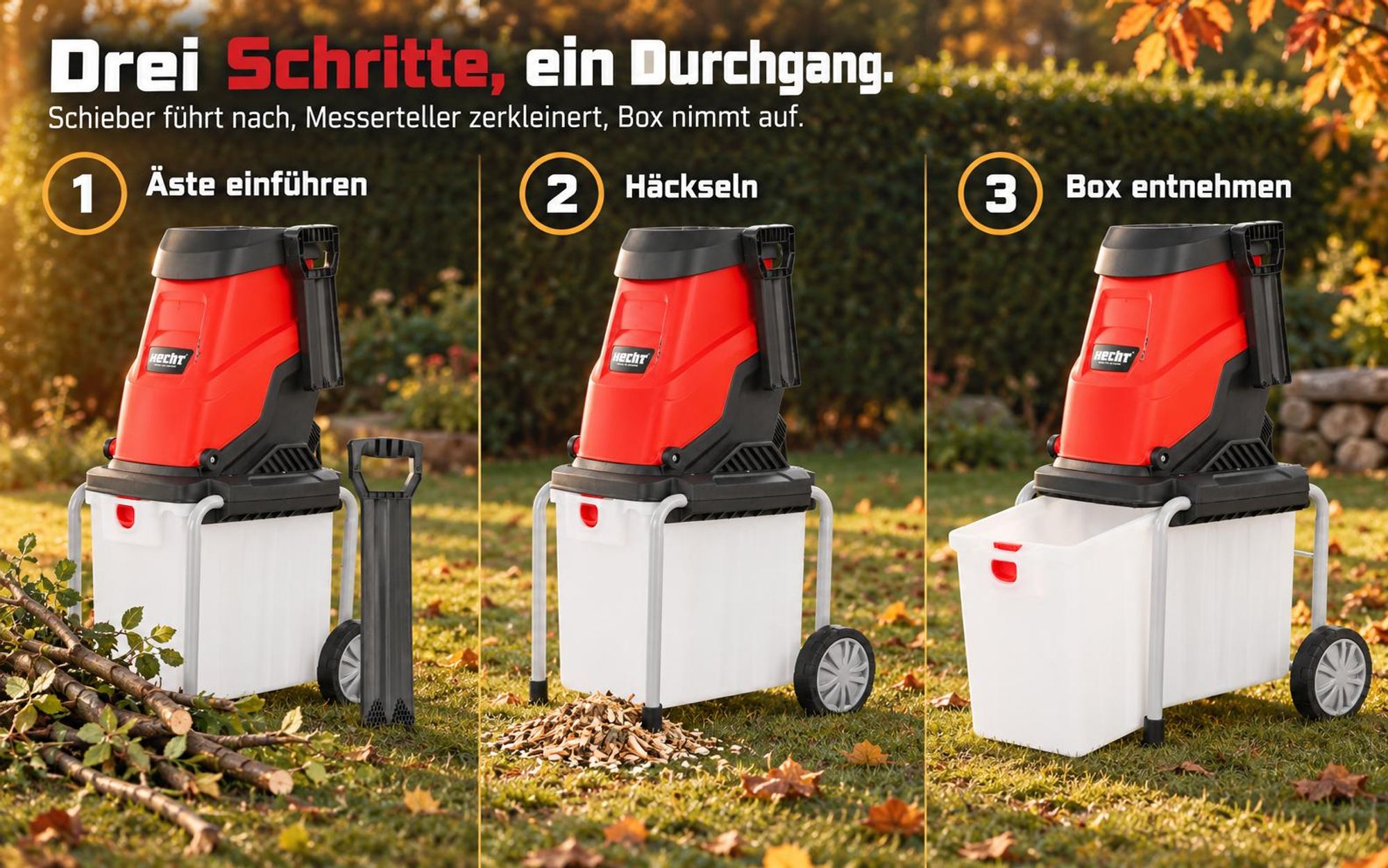 Gartenhäcksler Elektro HECHT 630 BOX | 3000 W | Für Äste bis Ø 45 mm | 50 Liter Auffangbox | Messerteller-Häcksler Holzhäcksler elektrisch