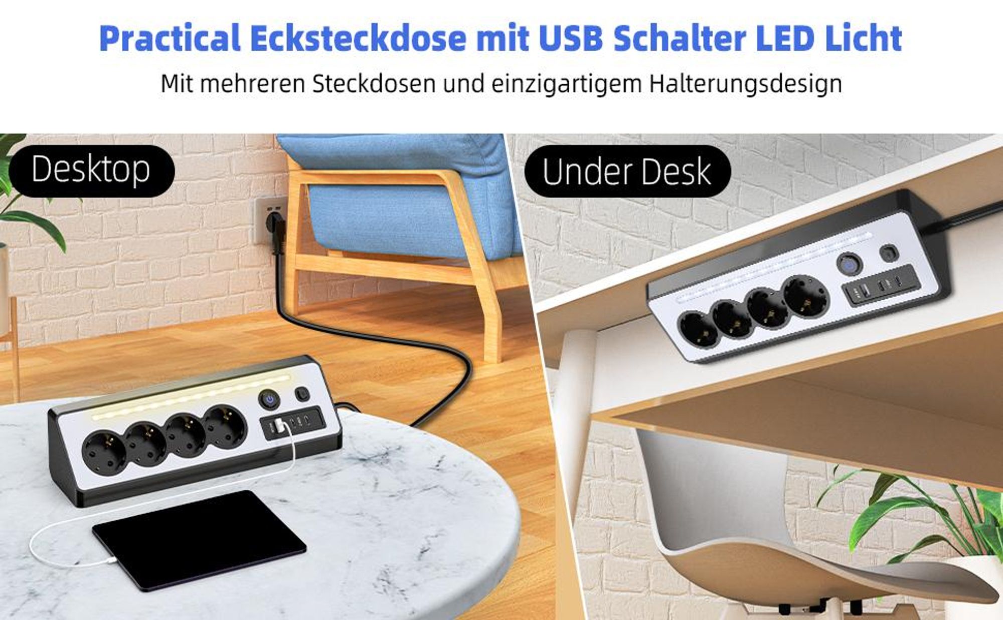 Steckdosenleiste, Steckerleiste, Tischsteckdose, 4 Fach Mehrfachsteckdose, Mehrfachstecker, 16A 3680W Ecksteckdose mit 2 Schalter, für Küche, Büro