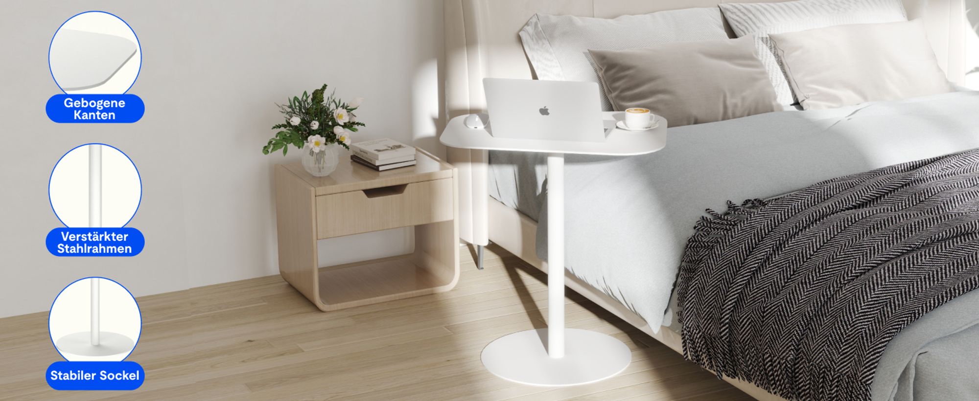 FLEXISPOT Beistelltisch für Sofa, Schlafzimmer, Wohnzimmer, Büro, Beistelltisch, Nachttisch, Couchtisch für kleine Räume, Stahl, 50x38x65cm, Weiß