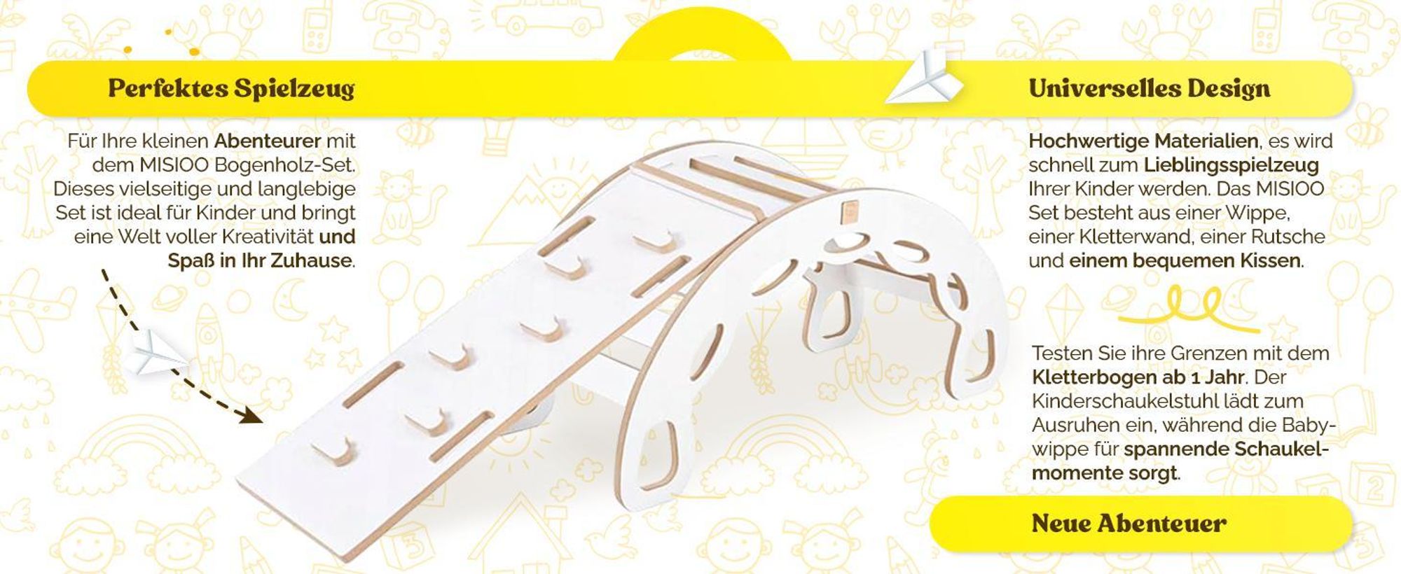 MISIOO Kletterbogen mit Kissen Für Kinder - Baby Wippe Mit Abgerundeten Kanten Für Sicherheit - Weiß MDF - Laminierte Oberfläche - 90x41x50 cm
