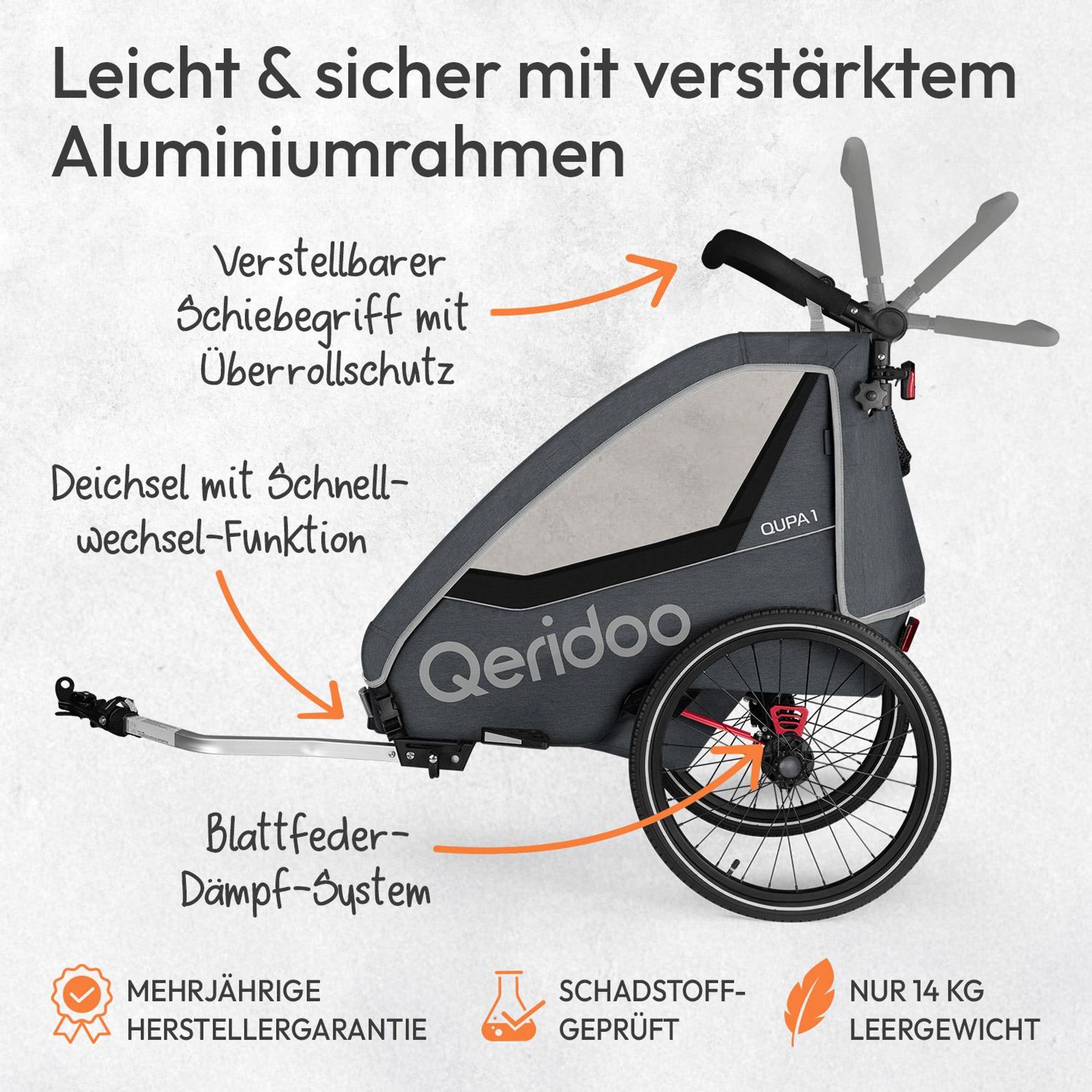Qeridoo QUPA 1 - Kinderfahrradanhänger für 1 Kind, Farbe: Grey