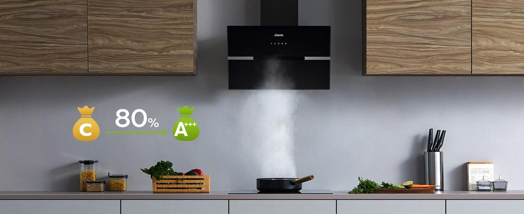 CIARRA Hotte aspirante A+++ 650 m³/h Hotte d'aspiration 60cm WIFI + APP & Touch Control Booster VM6736FB