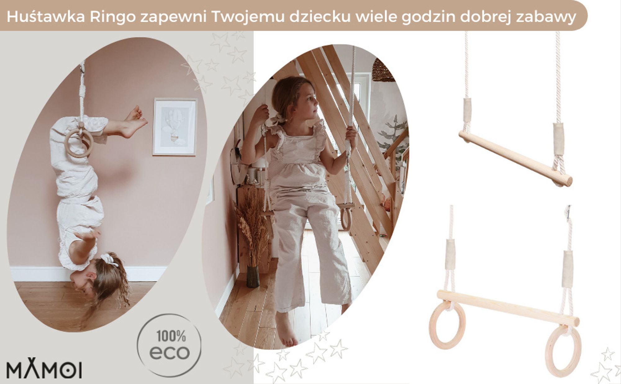 MAMOI® Huśtawka trapezowa, kółka gimnastyczne wykonane z drewna, sprzęt gimnastyczny dla dzieci do użytku wewnątrz i na zewnątrz, huśtawka z kółkami, gimnastyka z drewnianą huśtawką, kółka gimnastyczne i trapez
