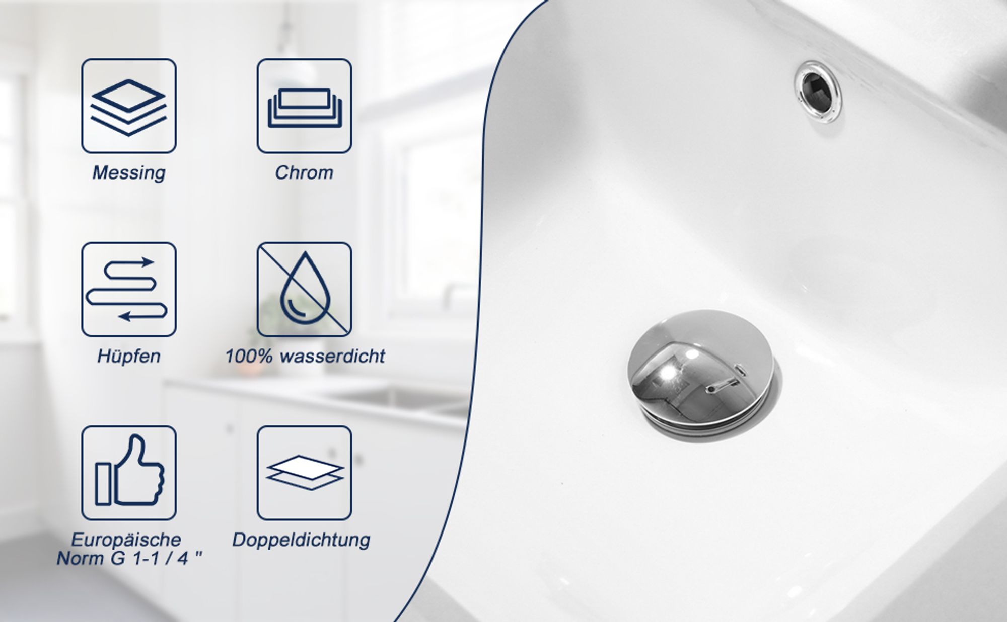 Homelody Universal Ablaufgarnitur Pop-Up Ventil 1 1/4 Zoll aus Messing mit Überlauf Abflussgarnitur für Waschtisch/Waschbecken