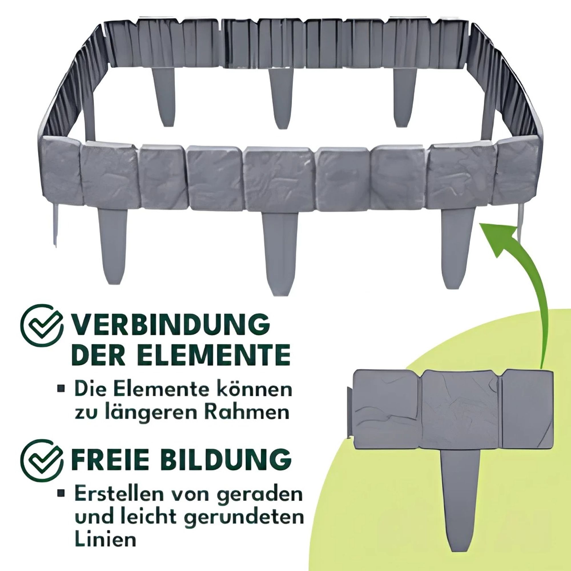 KRUMAD Rasenkante Kunststoff Steinoptik 10 Stück Set 2,5 Meter Höhe 23 cm Beeteinfassung Stein Beetumrandung Garten Stecksystem Grau