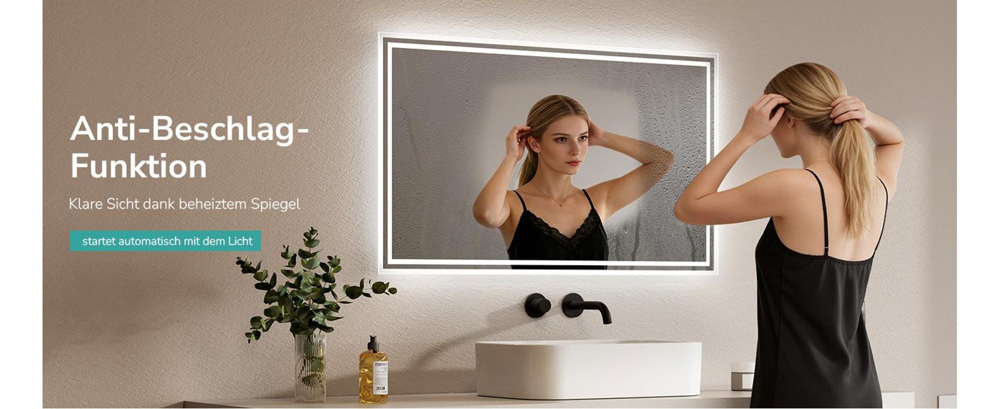 EMKE LED Badspiegel mit Beleuchtung 100X60 cm Antibeschlag, Wandspiegel Badezimmerspiegel mit mechanischem Schalter, 3000K/6500K Lichtfarben, IP44