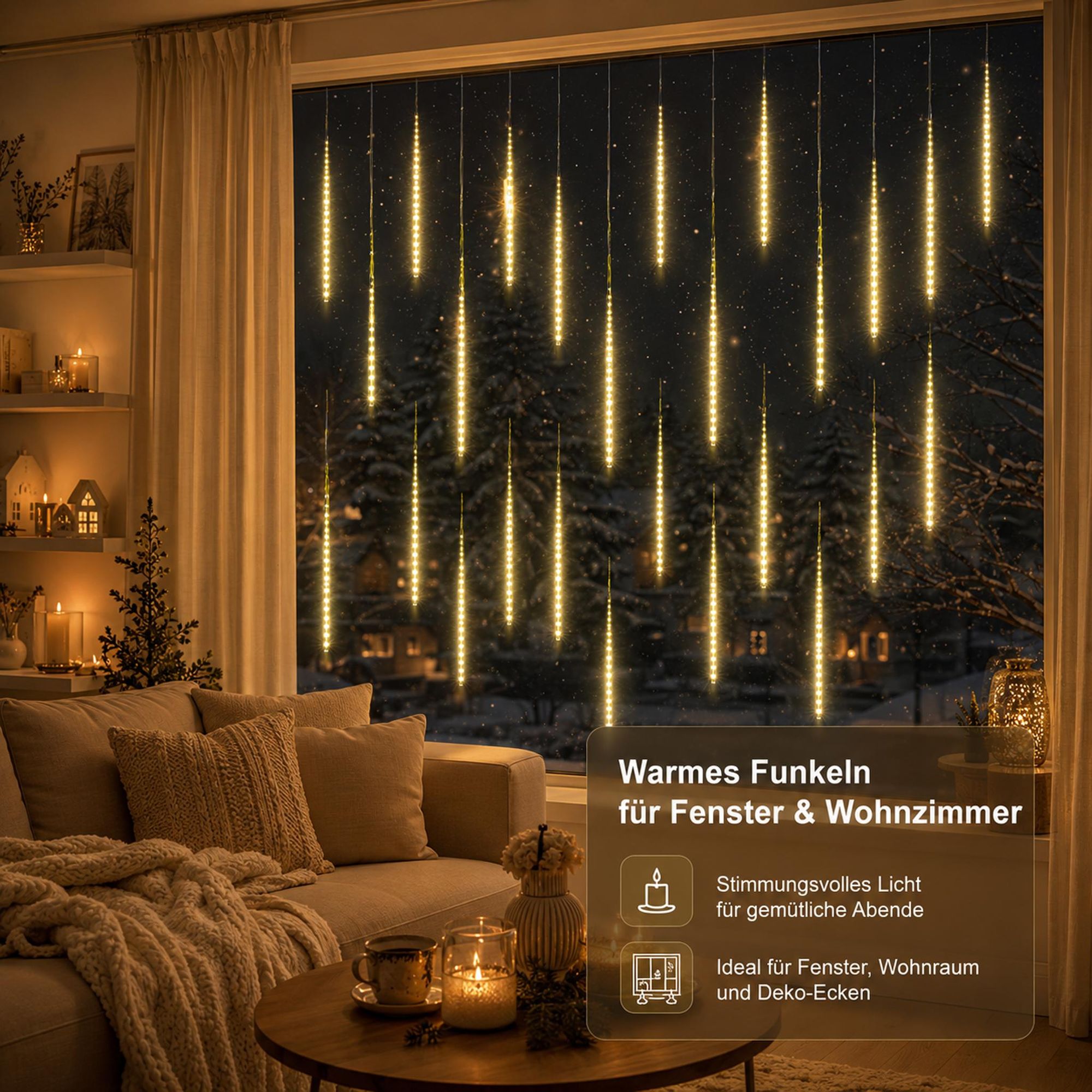 2.4M Meteorschauer Lichterkette 192 LED Weihnachtsdeko Eiszapfen Lichterkette Winter Halloween Dachrinne Fenster Garten Balkon Deko, Warmweiß