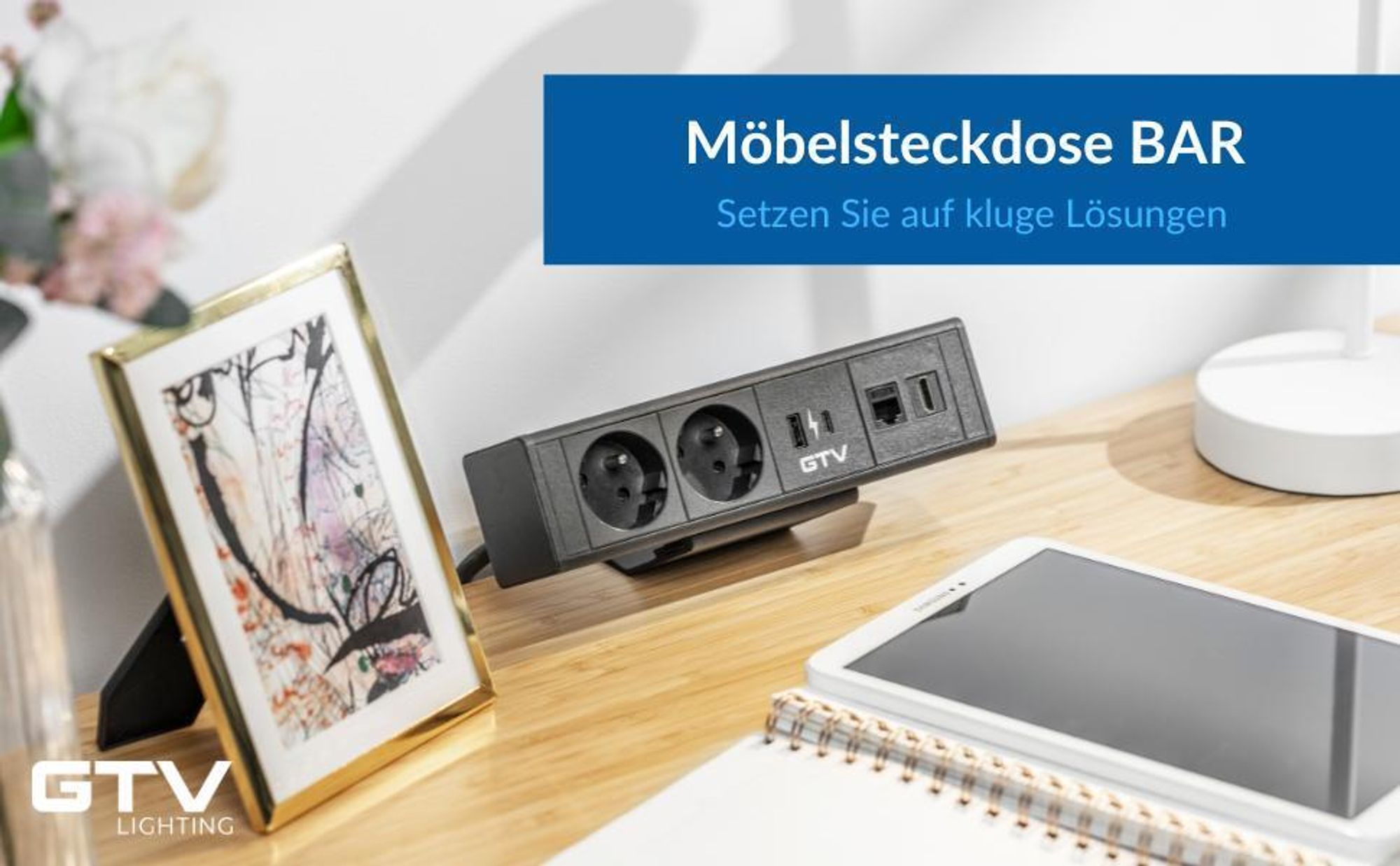 GTV - Möbelsteckdose BAR, Mehrfachsteckdosen, 2X Schuko Steckdose, 1x USB A, 1x