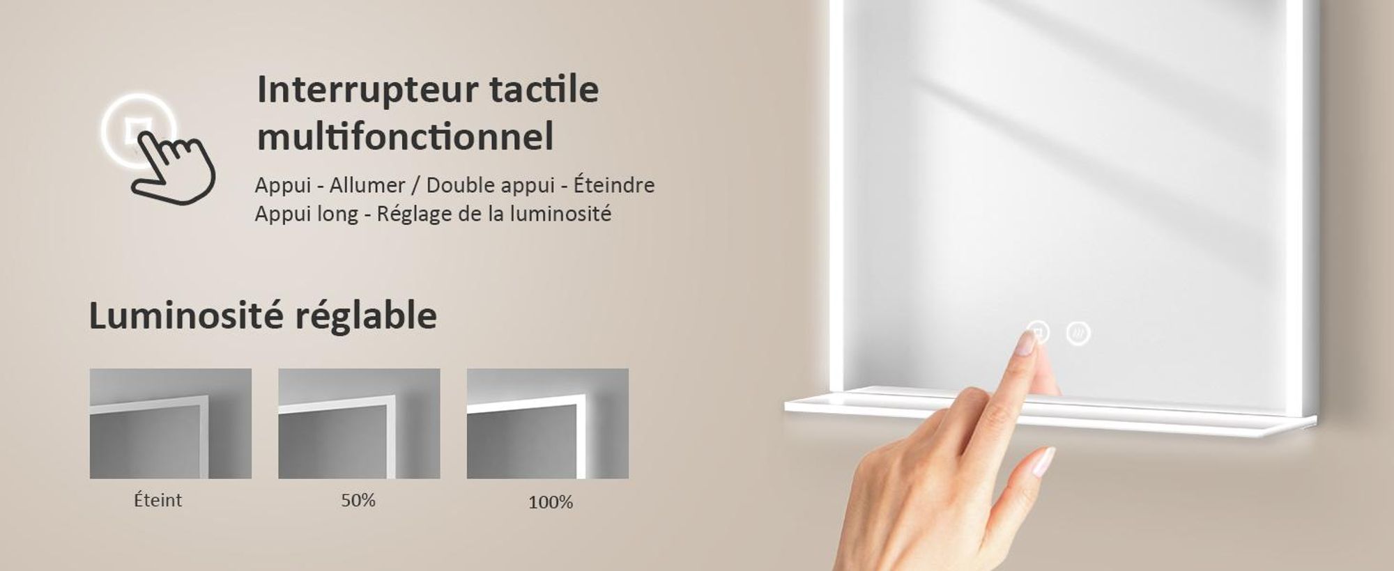 EMKE Miroir de salle de bain 80x60cm éclairage LED avec rangement Miroir de salle de bain horizontal interrupteur tactile 6500K antibuée miroir horizontal tactile blanc froid