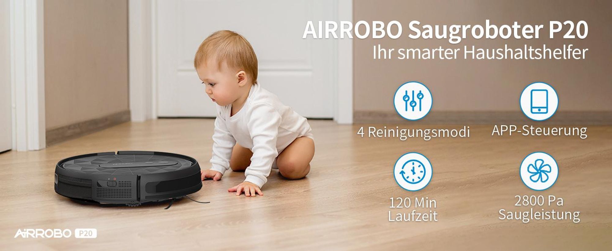 (2026 Upgraded) AIRROBO P20 Staubsauger Roboter 2800 Pa Starke Saugleistung Leiser Roboter-Staubsauger, Steuerung mit App/WiFi, 120 Minuten Laufzeit