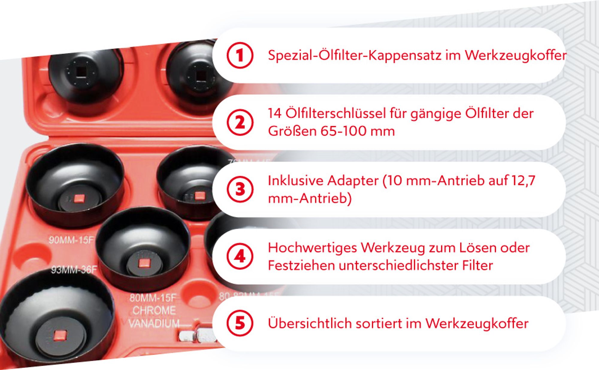 Wiltec Ölfilterkappen Set 14-teilig, Ölfilterschlüssel 65-100 mm, 10 mm Aufnahme, plus Adapter im Werkzeugkoffer, Ölwechsel Werkzeug aus Stahl