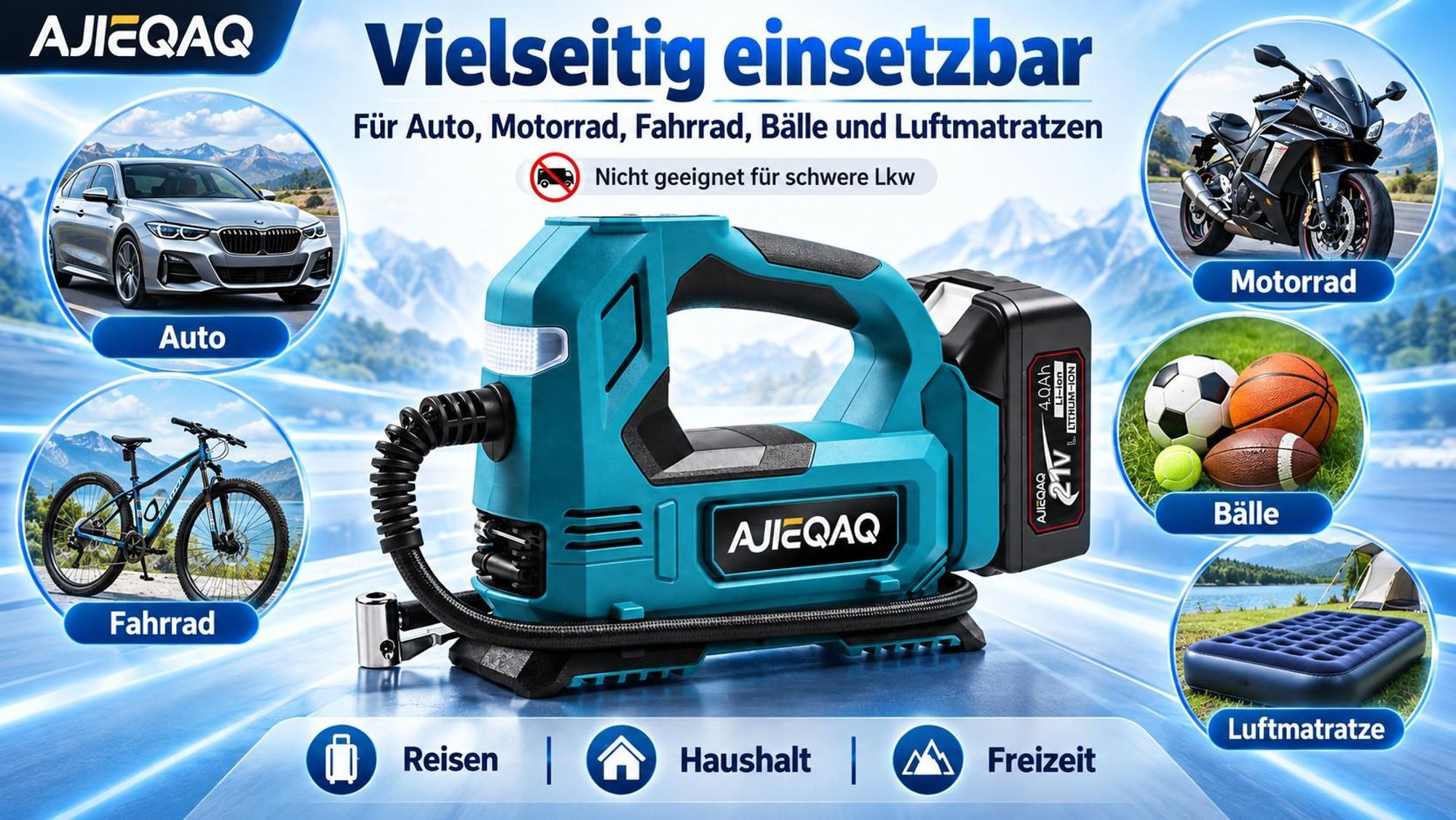 Akku-Luftkompressor 21V 4,0Ah, 150 PSI Reifenfüller mit Auto-Stopp, 12V Kfz-Anschluss, LED, SOS, für Auto, Motorrad & Fahrrad