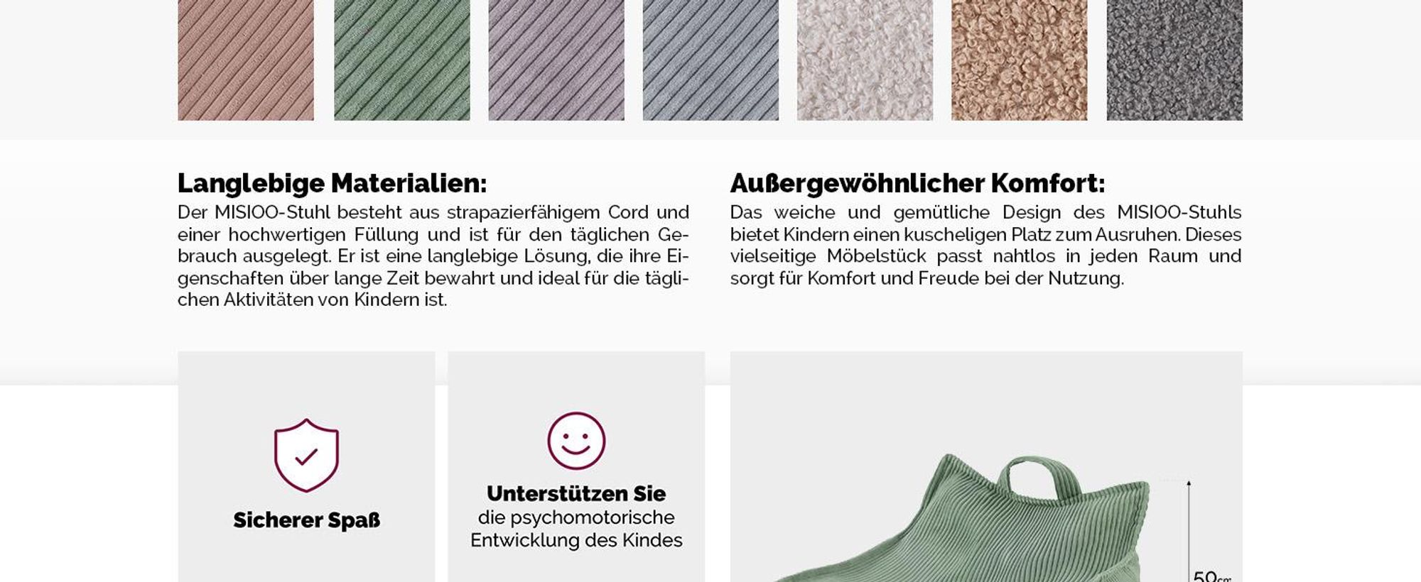 MISIOO Sitzsack Kinder – Großer Sitzsack – Big Bag für Kinder – Cord-Material – 77x67x50 cm – Waschbarer Stoff – Griff für einfaches Tragen – Olive