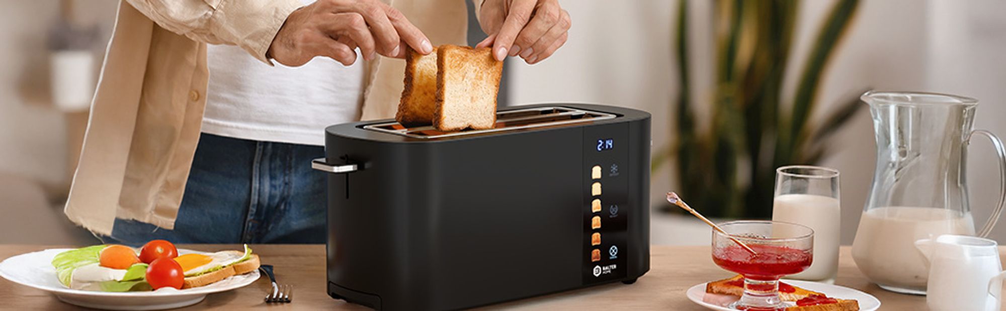 Balter Toaster 4 Scheiben, Edelstahl, Langschlitztoaster mit Brötchenaufsatz, 1400W, LCD Display, Defrost-/Aufwärmfunktion, Krümelschublade, Schwarz